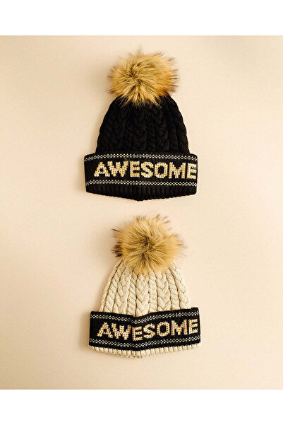 REDTAG Women Black And Ivory Pom Pom Beanies 2 Piece Set