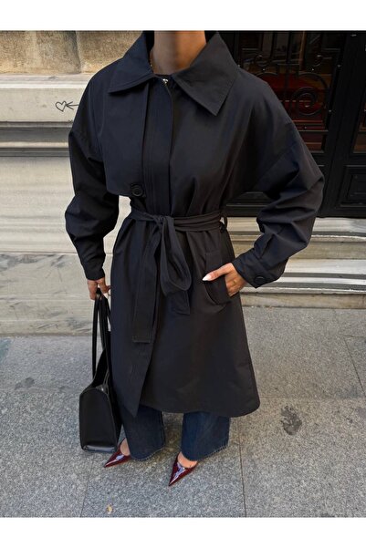 Ekim Store Long Half-Cape Buttoned Belted Trench Coat
