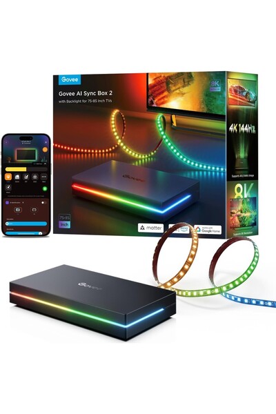 Govee HDMI 2.1 Sync Box AI Kit 2, 8K@60Hz, 4K@144Hz, VRR, RGBIC LED, TV Arka ...