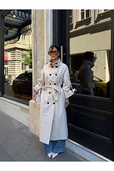 Ekim Store Long Araboy High Collar Belted Double-Breasted Trench Coat