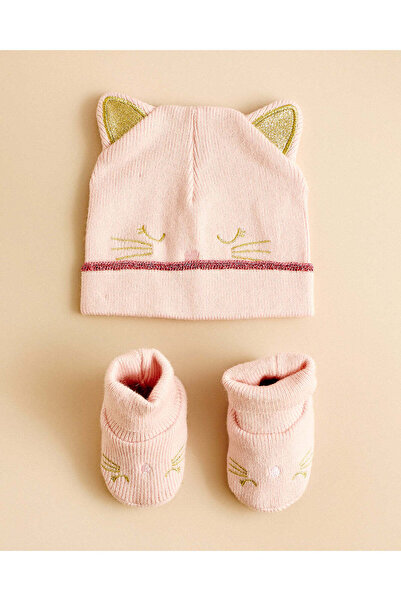 REDTAG Girls Cat Knitted Beanie & Booties Set
