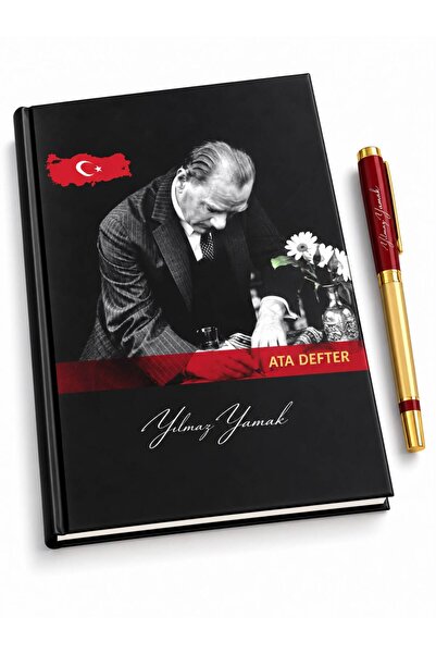 Halk Kitabevi Kişiye Özel Öğretmenler Gününe Özel 17x24 Atatürk Ciltli Defter Tarihsiz ve 1101 Gold Kalem
