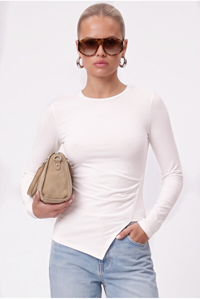 Ritnice Women's Jolie Asymmetrical Detailed Long Sleeve Ecru Knitted Blouse