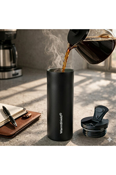 WarmShield Mat Siyah Çift Katmanlı Paslanmaz Çelik Termos Bardak 400 ml Sıcak...