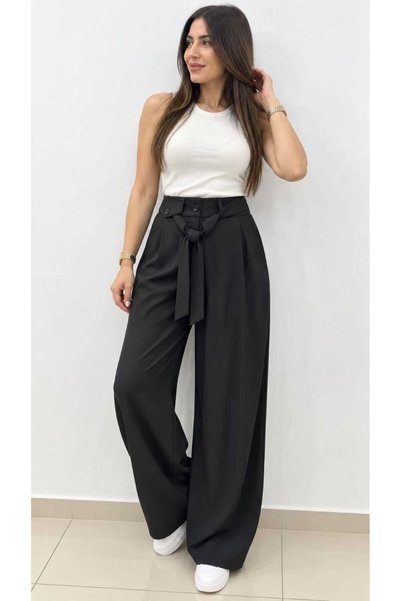 Cep Kapaklı Kadın Pantalon Rahat Kesim Önden Bağlamalı Palazzo Pantalon