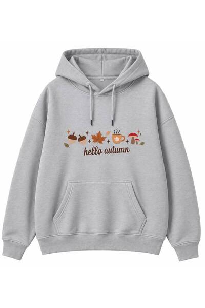 Sonbahar Temalı Hello Autumn Baskılı Oversize Kapüşonlu Kadın Sweatshirt