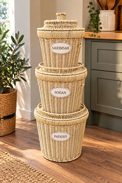 İnterlife 3lü RATTAN Patates Soğan Sepeti | Kapaklı Saklama Mutfak Düzenleyic...