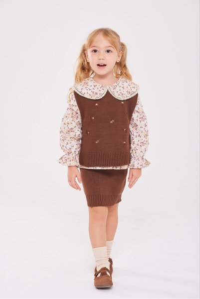 GREYFURTKİDS Girl's Floral Patterned Shirt, Knitwear Sweater and Skirt 3-Piec...