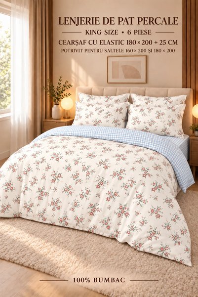 RALEX PUCIOASA Percale Bedding, 100% cotton, PRC195, King size with elastic —...
