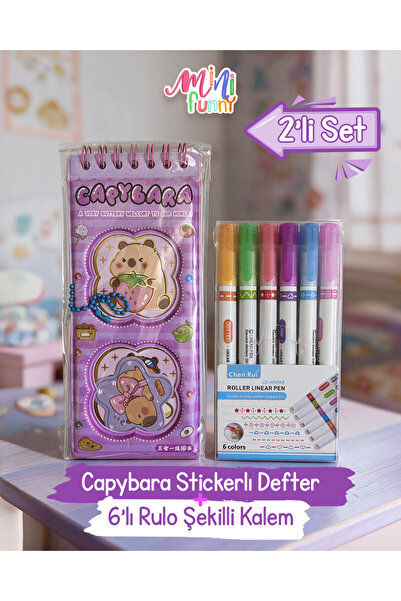 Capybara Stickerlı Mini Not Defteri ve 6’lı Rulo Şekilli Kalem (Chen Rui Roller Linear Pen) Çocuk Kırtasiye Seti / 3+ Yaş