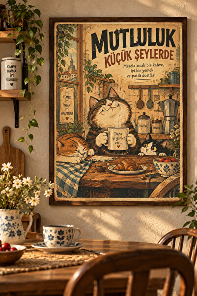 OAKY Life Mutluluk Küçük Şeylerde Kedi Tablo – Çerçeve Görünümlü MDF Retro Mu...