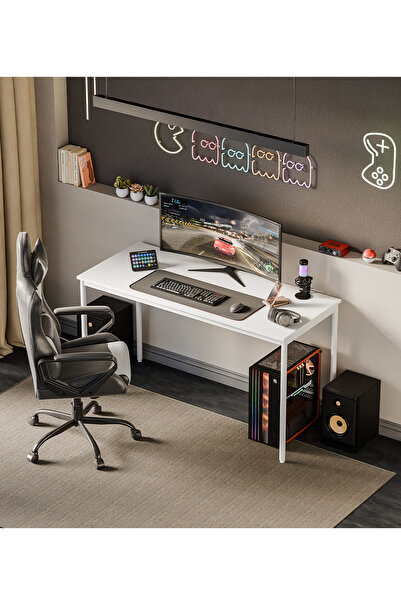 Gaga Mobilya (60X140 BEYAZ BEYAZ) Oyuncu Masası Gaming Masa Bilgisayar Çalışma Ofis Masası Metal Ayaklı Gamer Masası