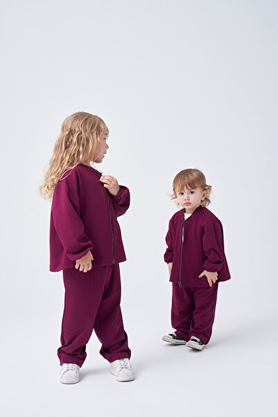 EBU Prive Unisex Children's Zippered Jacket and Pants Set, Plum