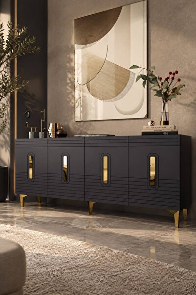 Modova Home 180MHK8AA LUNNA LAZER PLEKSİ DESEN KONSOL TV SEHPASI ANTRASİT-ALTIN
