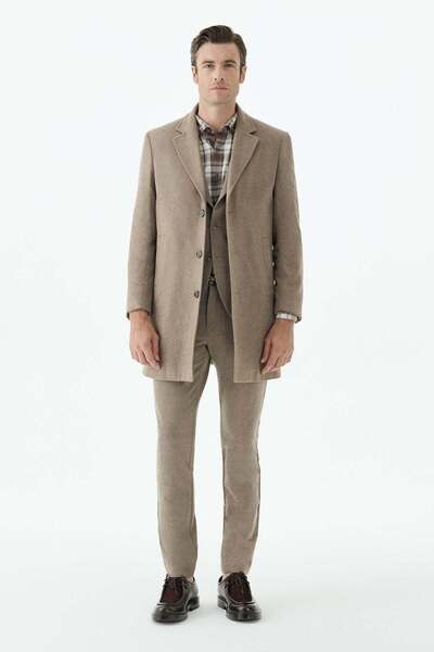 Jakamen Beige Comfort Fit Mono Collar Woolen Coat