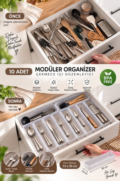 Porsima 0382 10-Piece Modular Drawer Organizer Set 30X7.5 cm – Transparent Kitchen, Cutlery, Fork, Knife and Makeup Organizer