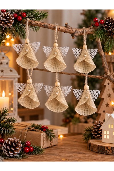 Librapera Concept Set of 6 Handmade Jute Angel Christmas Ornaments – Pine Tree and Home Decor