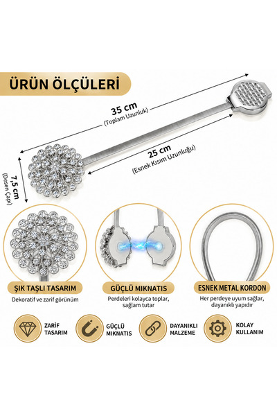 ARVALE Taşlı Mıknatıslı Perde Tokası – Dekoratif Kristal Desenli Esnek Perde Tokası