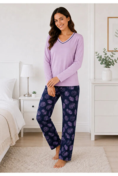 TOSKI Pijama Dama cu Bluza cu Maneca Lunga si Pantalon Lung Bleumarin cu Impr...