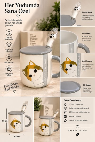 THIRTEEN SELECT Kedi Desenli 350 ML Porselen Kupa – Kapaklı, Kaşıklı