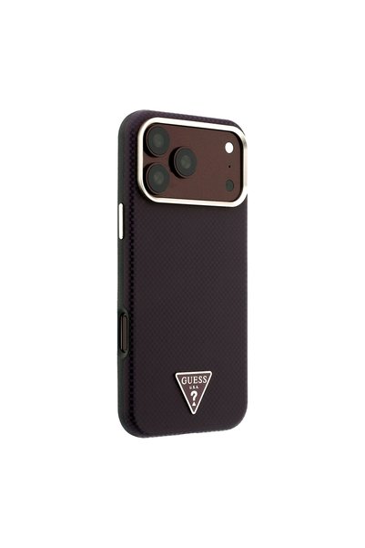 Guess iPhone 18 Pro Max Case Licensed M-Safe Pu Metal Triangle Logo Carbon Fiber Kevlar Cover Claret Red