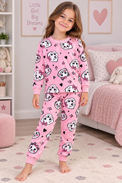 Kız Çocuk Pamuklu Pembe Sevimli Köpek Kalp Desenli Uzun Kollu Mevsimlik Pijama Takımı