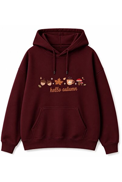 Reluna Sonbahar Temalı Hello Autumn Baskılı Oversize Kapüşonlu Kadın Sweatshirt
