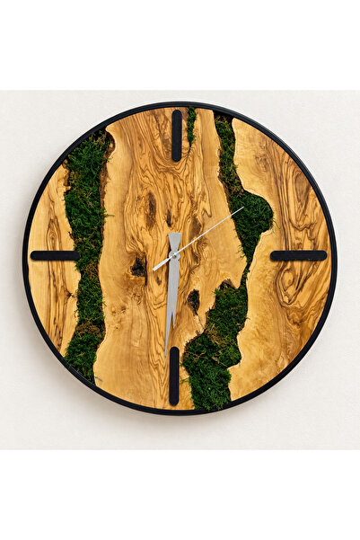 PixiWallArt El Yapımı Doğal Zeytin Ağacı ve Yosunlu Ahşap Duvar Saati 35,6 cm
