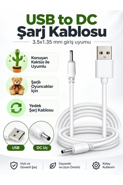 misan Universal Oyuncak Şarj Kablosu USB to DC 3.5×1.35 mm – Konuşan Kaktüs ve Şarjlı Oyuncaklarla Uyumlu