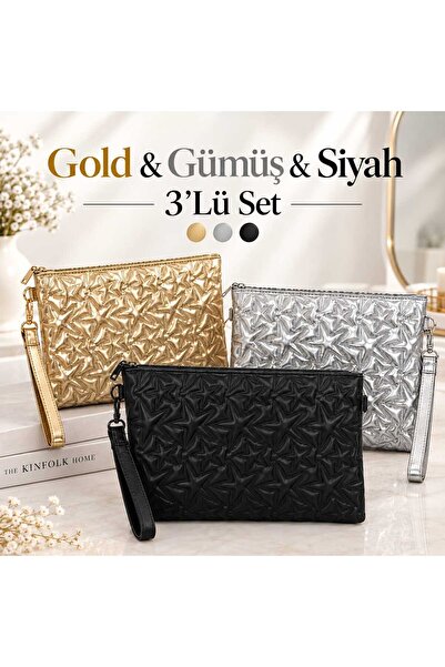 METEBAGS Gold ve Gümüş 3'Lü Set Yıldız desenli El & Portföy çantası