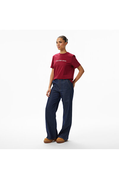 Calvin Klein Yüksek Bel Geniş Paça Geniş Fit Koyu Mavi Kadın Denim Pantolon L...