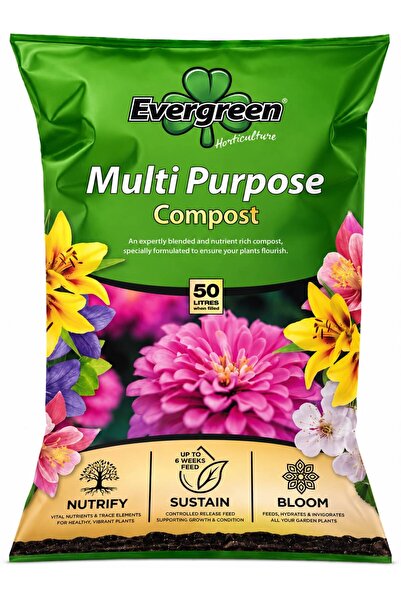 Evergreen Multi Purpose 50 LİTRE – Genel Kullanım İthal Çiçek Toprağı & 6 Hafta Etkili Besleyici Torf Harcı