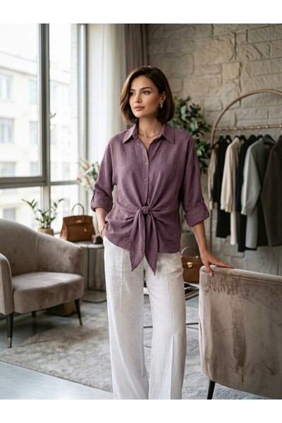 AYHAN Pinstripe Blouse with Tie Front Detail