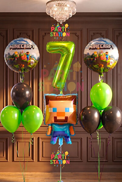 Parti Station Yeşil Rakam Balonlu Minecraft Konsept Doğum Günü 7 Yaş Balon Se...