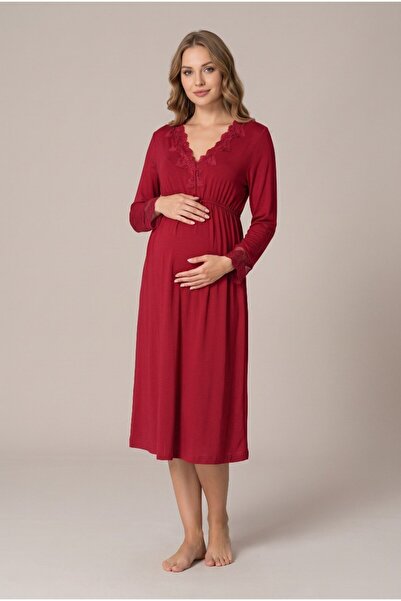 LOHOUSE Women's Fuchsia Lace Long Sleeve Maternity Nightgown Set for Easy Bre...