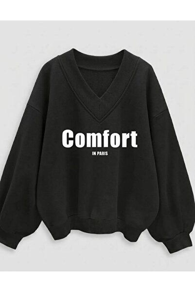 LADY HAZAL Black Unisex V-Neck Comfort Printed Oversize Patterned Fabric Spor...