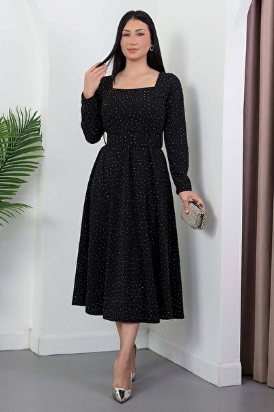 PULLIMM Rochie cu guler pătrat, mâneci lungi, cu pietre 2026-5005