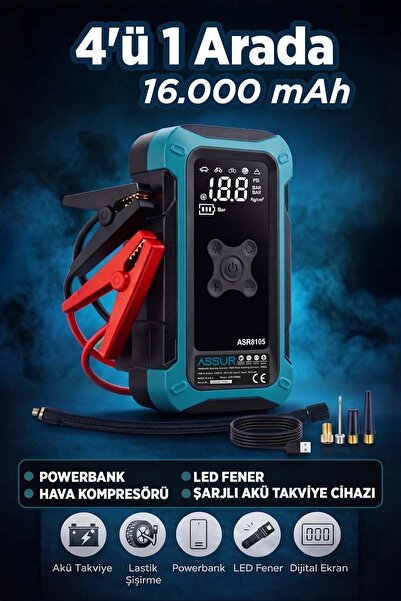 ASSUR 4'ü 1 Arada Dijital Göstergeli | Powerbank | Led Fener | Hava Kompresör...