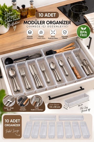 Porsima 0382 10-Piece Modular Drawer Organizer Set 30X7.5 cm – Transparent Ki...