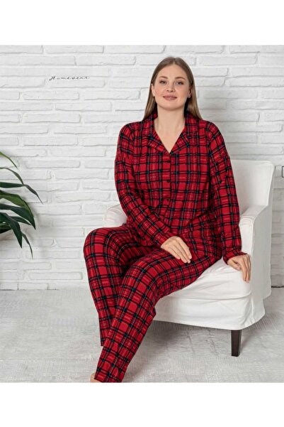 Pijamoni Süet Gömlek Yaka Önden Düğmeli Büyük Beden Uzun kollu Pijama Takımı