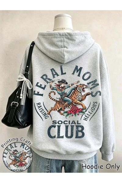 MITHRAS OUTDOORS Unisex Gray Feral Moms Back Printed Hooded Sweatshirt Printe...
