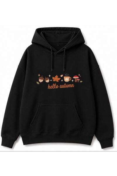 Sonbahar Temalı Hello Autumn Baskılı Oversize Kapüşonlu Kadın Sweatshirt