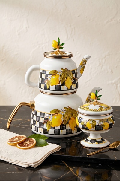 zaTen Pazar Emaye Limon ve Kareli Çaydanlık ve Ayaklı Şekerlik Takımı