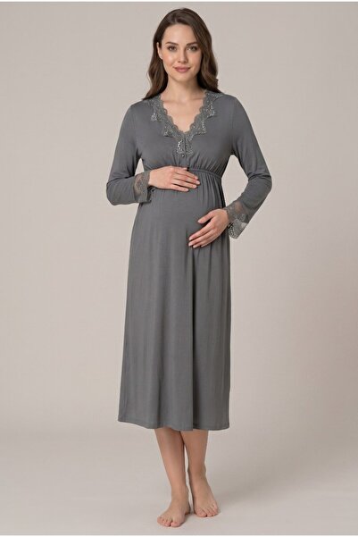 LOHOUSE Women's Smoked Lace Long Sleeve Maternity Nightgown Set for Easy Brea...