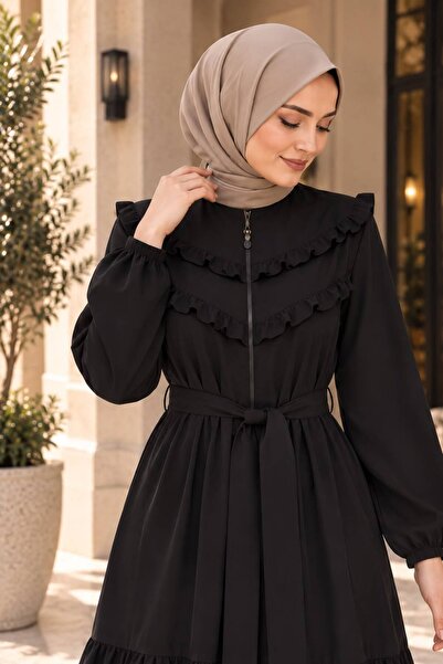 MODA ESRE FASHION KAP FERACE ÖN ROBA FIRFIRLI KOL AĞZI LASTİKLİ ETEK BÜZGÜLÜ SİYAH KREP KUMAŞ