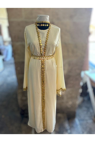 MODA Düz Şifon Çeyrekli Kaftan Şal ve Kuşak Dahil (38-48 Beden Uyumlu)