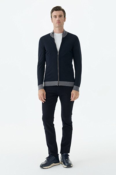 Jakamen Navy Blue Fit Zippered High Collar Wool Knitwear Cardigan