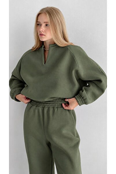 Machetta Women's High Collar V-Neck Oversized Sweatshirt and Elastic Cuffed S...