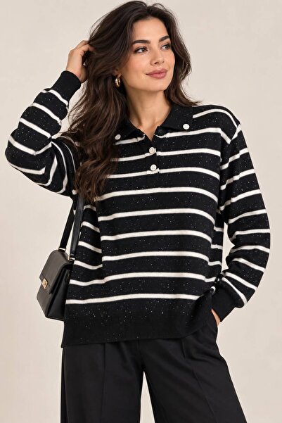ikomteks Sequin Detailed Striped Polo Collar Knit Sweater
