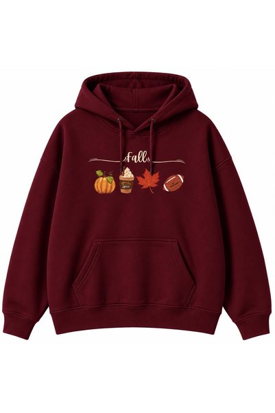 Sonbahar Temalı Fall Baskılı Oversize Unisex Kapüşonlu Sweatshirt